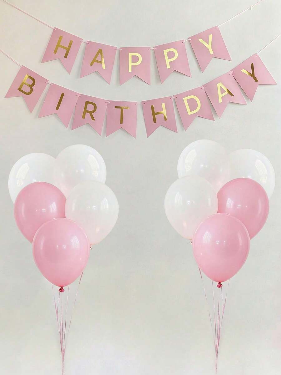 一套粉色生日快乐纸质悬挂三角旗，烫金生日快乐字母横幅，现代金属字母装饰彩旗，适合生日派对装饰、黑金生日主题、室内悬挂、拍照道具、优雅生日快乐、周年纪念装饰，男女皆宜 - 粉色 - 查看 1