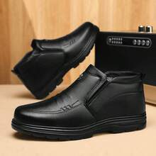 Black Leather High-Top Slip-On Warm Business Leather Shoes, Plush Thick Sole Wear-Resistant Anti-Slip Autumn/Winter Commuting Snow Boots, Thermal Lined Windproof Waterproof Easy-Clean Casual Men Boots