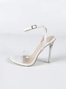 女士优雅时尚简约白色透明水晶方头踝带高跟凉鞋，11.2厘米性感派对选美模特T台户外露趾细高跟鞋，春夏装扮 - 白色 - 查看 7