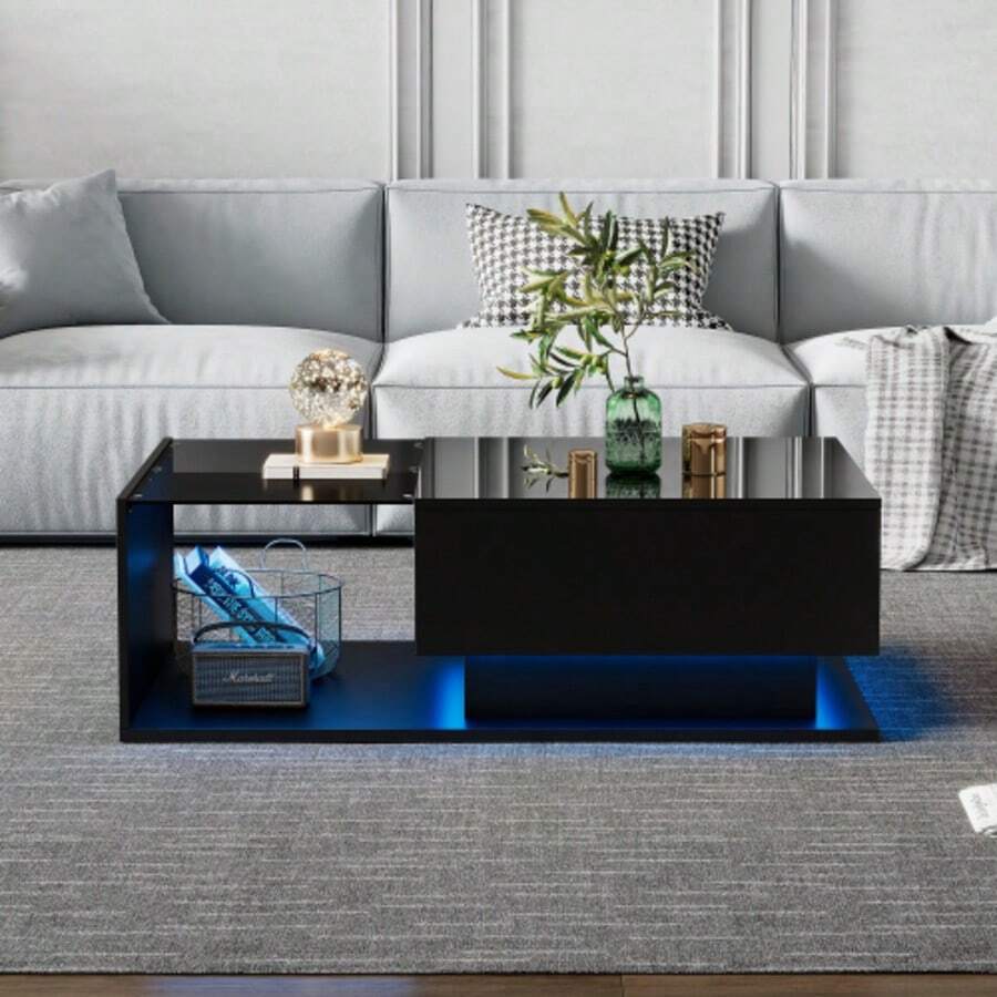Glossy Black Coffee Table 100x50x32 Cm With Glass Top, Drawers, Scratch Resistant, With 1 Drawer, LED Lighting, Modern Style. - Black - View 1