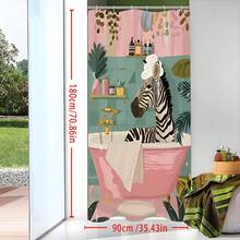 1件斑马纹浴帘 - 斑马在浴缸里洗澡，趣味动物设计，搭配绿色植物和瓷砖图案，防水防霉，可机洗，涤纶材质，不透光，轻盈透气。颜色可能因光线条件略有不同。包含12个挂钩 - 艺术浴室装饰。 - 彩色 - 查看 7