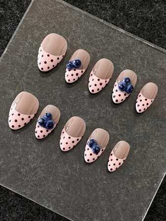 10pcs Minimalist Cute Ins Fresh Sweet Girl Heart Handpainted Pink Brown Polka Dot 3D Blueberry Short Almond Nail Stickers