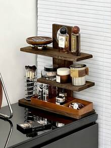 1 pieza Estantería de 3 niveles de gran capacidad con acabado de grano de nogal, estilo nórdico, color nogal, forma trapezoidal, para almacenamiento de accesorios de café/rincón de café, organizador de escritorio multiusos, almacenamiento de cosméticos/regalo de cumpleaños - Marrón - Ver 9