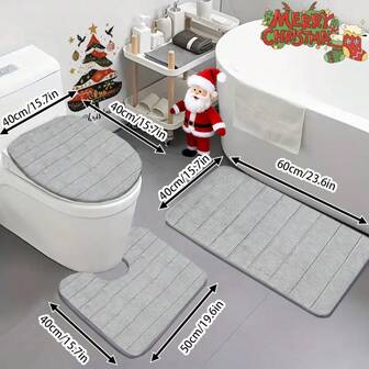 3pcs Striped Memory Foam Bath Mat Set, Super Soft Non-Slip Bath Rug And Absorbent Bath Mat Carpet, Suitable For Autumn/Winter. Bathroom, Shower, Bathroom Supplies, Bathtub Mat, Non-Slip Bathroom Decor, Bath Mat | Decorative Mat, Christmas Decor