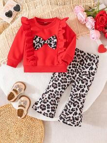 2pcs Baby Girls Cute Ruffle Sweatshirt With Bow Accent Long Sleeve Top And Leopard Print Flare Pants Set, Autumn/Winter - Red - View 1