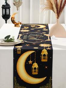 1pc Black Gold Eid Mubarak Table Runner,180*35cm Star Moon Lantern Design Table Cloth Table Cover,Ramadan Kareem Decoration For Home 2026,Ramadan Mubarak Party Decor Supplies,Eid Al Adha Gift,Home Decor,Table Decor,Eid Decor,Ramadan Decor