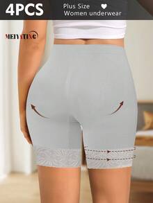 MEIYATING 4pcs Plus Size High Waist Shaping Briefs, Seamless Lace Trim Shorts, Anti-Chafing Safety Pants For Women