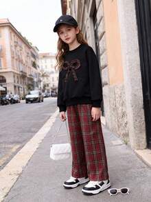 2pcs Girls' Casual Bow Decor Sweatshirt And Plaid Pants Set, Spring/Autumn - Black - View 4