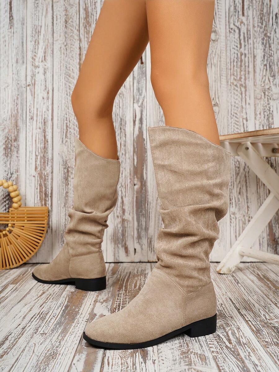 Bottes mi-mollet plates à enfiler de couleur unie pour femmes grandes tailles - Kaki - Voir 1