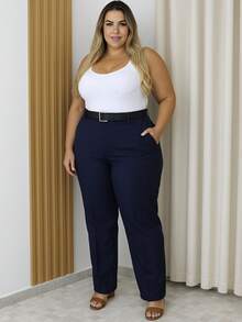 Straight Leg Plus Size Tailored Trousers 46-50 With Belt, Button And Zipper Closure 8827 - 藏蓝色 - 查看 3