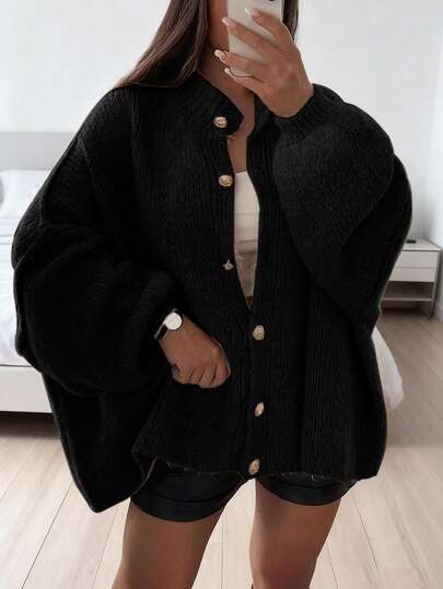 Freude Strick Damen Pullover für Herbst/Winter, moderner neuer Stil - Minimalistischer, locker sitzender Strick-Cardigan mit Metallknöpfen, Langarm Pullover Mantel