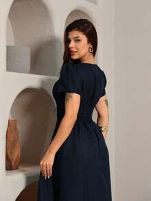 Luxury Midi Dress, Plain, Stylish And Elegant, Duna Linen, Short Sleeves. - 藏蓝色 - 查看 7