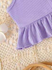 Young Girls Solid Color Ribbed Ruffle Camisole Top + Butterfly Print Flare Pants Set - Purple - View 5