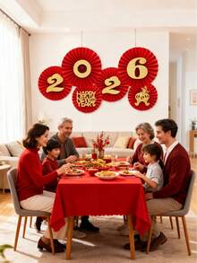 6件套 2026年中国新年纸扇墙饰，新年纸扇，红色派对挂扇DIY套装：纸扇挂饰，节日纸扇家居及窗户装饰 - 无胶，易粘贴设计，非常适合客厅及门装饰