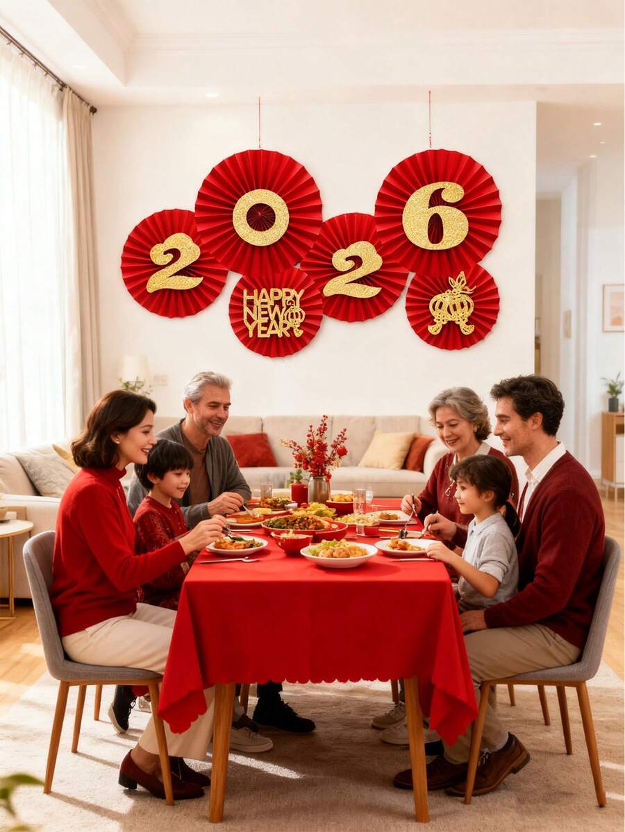 6件套 2026年中国新年纸扇墙饰，新年纸扇，红色派对挂扇DIY套装：纸扇挂饰，节日纸扇家居及窗户装饰 - 无胶，易粘贴设计，非常适合客厅及门装饰