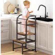 Tower Kitchen Ladder Height Adjustable, Kitchen Stool Helper With Safety Rail, Bathroom Montessori Learning Tower, Step Stool Counter