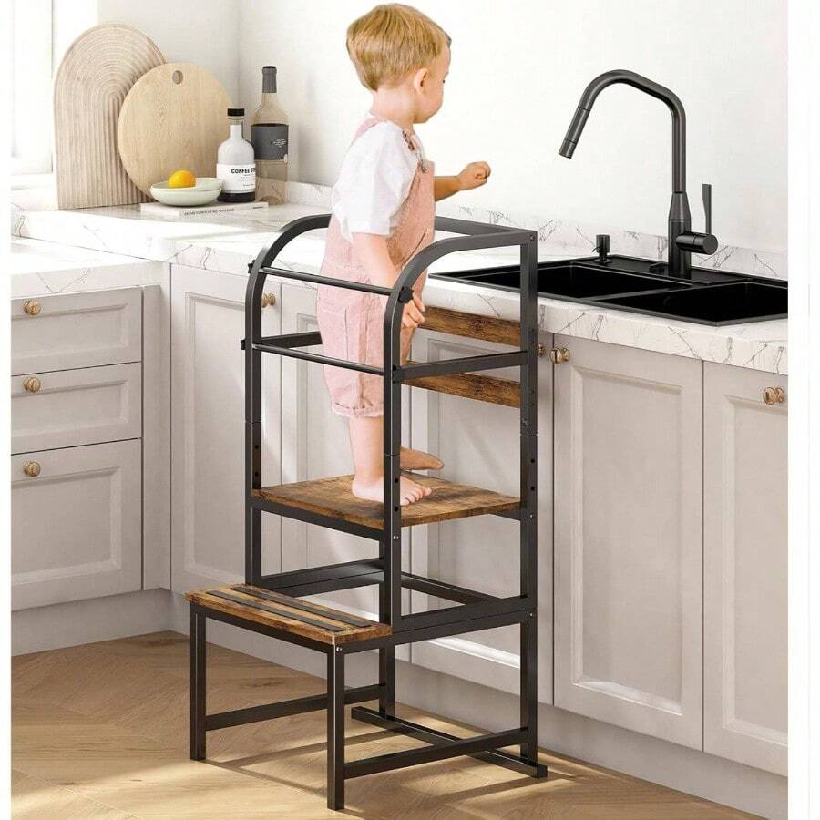 Tower Kitchen Ladder Height Adjustable, Kitchen Stool Helper With Safety Rail, Bathroom Montessori Learning Tower, Step Stool Counter