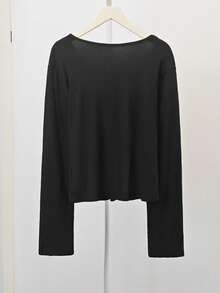 Elegant 2 In 1 Hollow Out Long Sleeve T-Shirt For Women, Minimalist French Polka Dot Versatile Slim Fit Top, Spring/Autumn Black - Black - View 8