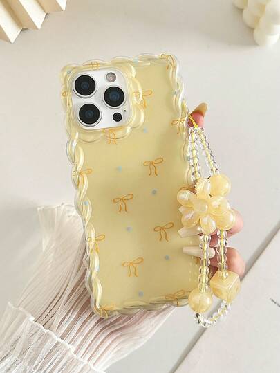 Yellow Butterfly Patterned Macrame Wave Edge Transparent Protective Phone Case Compatible With IPhone 17/17 Pro/17 Pro Max, 16/16 Pro/16 Pro Max/16 Plus, 14, 15, XS, 7/8/7P/8P, XR, 11/11 Pro/11 Pro Max, 12/12 Pro/12 Pro Max, 13/13 Pro/13 Pro Max, Fashionable And Cute Anti-Drop Design