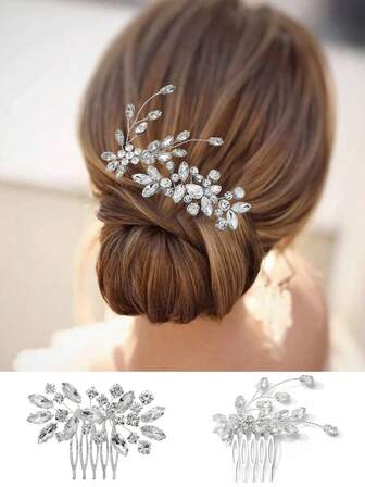 2件套水晶镶嵌发梳套装，新娘婚礼闪亮水晶发饰侧梳套装，手工水晶发夹造型装饰，时尚新娘头饰