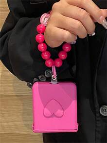 Pink Y2K Stylish Heart Solid Color Folding Phone Case With 3D Cartoon Rabbit Flower Bead Chain Compatible With Samsung Galaxy Z Flip7 Flip6 Flip5 Flip4 3 Korean Cute Matte PC Hard Back Cover - Hot Pink - View 5