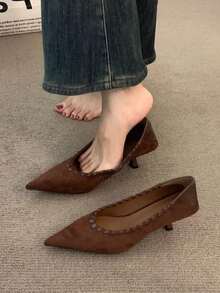 2025秋季新款复古麂皮拼接尖头套脚高跟鞋，百搭细跟小众高品质女式高跟鞋，猫跟鞋 - 棕色 - 查看 2