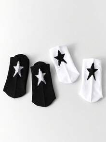4 Pairs Men's Black & White Pentagram Pattern Socks, Versatile, Anti-Slip, Moisture-Wicking, Mid-Calf Length - Multicolor - View 5
