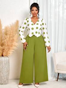 BIUBIU Damen Große Größen Herbst und Winter Pendler Alltags Lässig V-Ausschnitt Langarm Asymmetrischer Saum Kontrast Polka Dot Top und Taille gerade Hose Zweiteiler Set