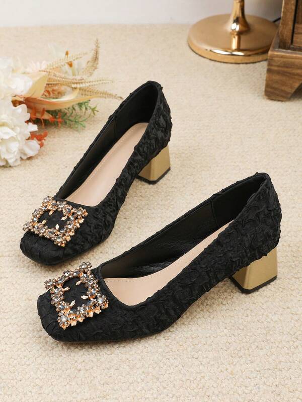 Women's Solid Color High Heel Pumps, Casual Commuter Glamorous Business Retro Wedding Party Neutral Elegant Fashion PU Leather Rhinestone Buckle Slip-On High Heel Pumps, Chunky Heel Glamorous Party Fashion Women's Square Toe Shallow Mouth High Heel Shoes, New French Style
