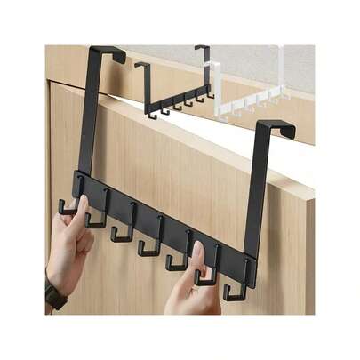 1 Piece (Black, White) Tall Over The Door Hanger With Hooks, No Drill Adhesive Wall Mount Organizer - Heavy Duty Metal Storage For Hats, Keys, Bags, Coats, Robes | Space Saving Solution For Entryway, Bathroom, Bedroom, Closet, Dorm, Apartment | Perfect For Renters, College Students, Organization Lovers