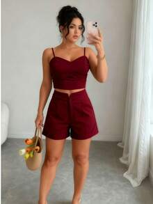 Women's Cropped Top And Tailored Shorts Set, Lina Moda, Sizes P, M, G - 酒紅色 - 查看 4