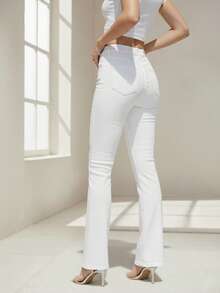 Pantalón mezclilla acampanado campana dama mujer femenino campana juvenil acampanado oficina trabajo dia noche juvenil moderno trendy original surprise jeans - Blanco - Ver 2