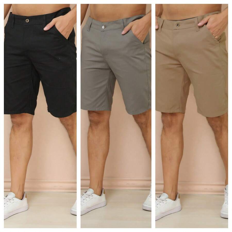 Kit Of 3 Men's Twill Shorts With Built-In Pocket, Economical Premium Quality, No Elastane. - castanho+preta+chumbo - 查看 1