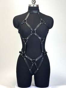 一套女士内衣套装，包括连体衣、皮质胸罩、束缚带、大腿吊袜带、臀部束缚带、私密配饰、万圣节服装 - 黑色 - 查看 14