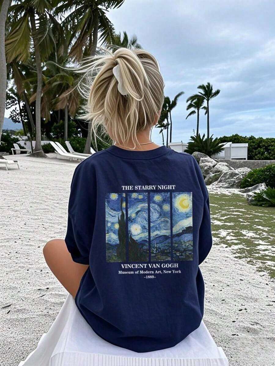 Women's Summer Personalized Letter Printed Pattern Round Neck-Shirt Fashionable And Versatile Women's Half Sleeve Small Shirt With Van Gogh Starry Print. Graphic Tees Women Pink Top White Top Black Top - 藏蓝色 - 查看 1