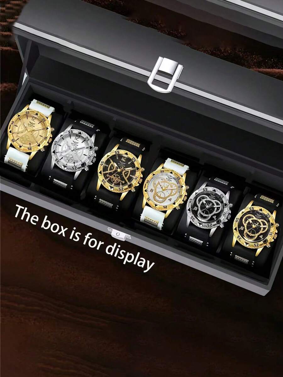 6pcs Men's Classic Luxury Quality Business Fashion Comfortable Versatile Silicone Watch Set, Suitable For Parties, Gatherings, Daily Wear, Essential For Halloween/Christmas, Perfect Gift For Boyfriend/Father