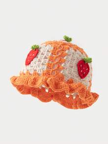 1pc Women's Fashion Hollow Strawberry Cherry Handmade Crochet Wavy Edge Knit Hat, Suitable For Autumn/Winter Daily Warmth And Travel Outfits - A - View 17