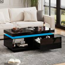 Modern High-Gloss Coffee Table With LED Lighting, 100x50x40.3 Cm – Elegant Table With Drawer And 50 Kg Load Capacity - Black - View 3
