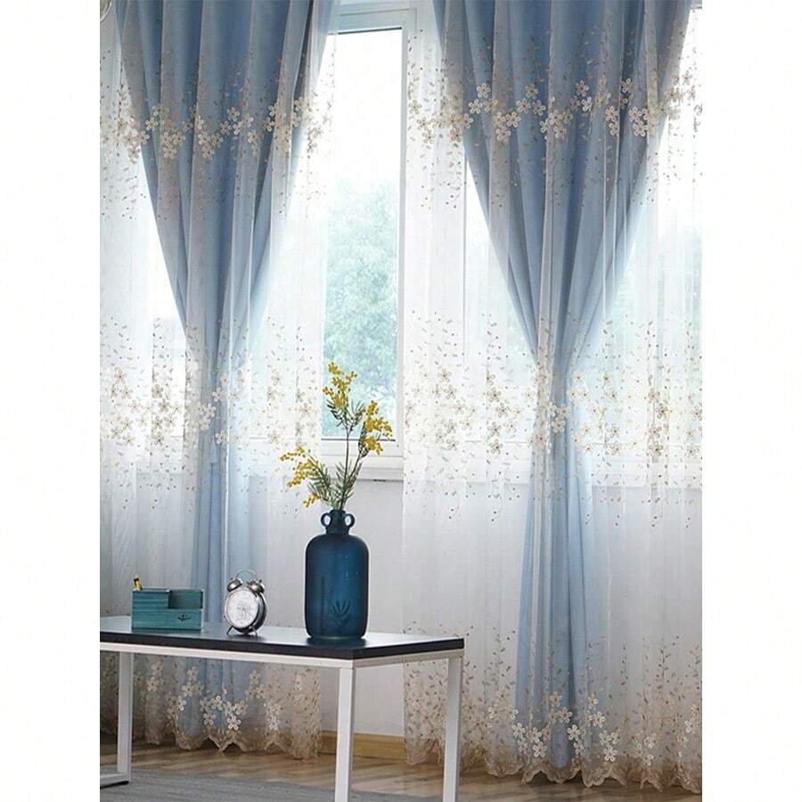 One-Piece European-Style Luxury Embroidered Pearl Tulle Curtain, Suitable For Bedrooms And Living Rooms, Double-Layered Sheer Design. - 藍色 - 查看 1