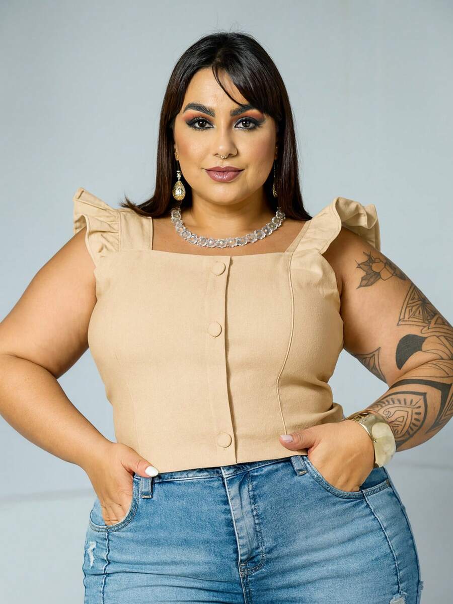 Women's Summer Plus Size Cropped Blouse With Ruffled Sleeves, Button Detail, Back Zipper, Curve Look, Sizes 44 To 54 - Beis - Ver 1