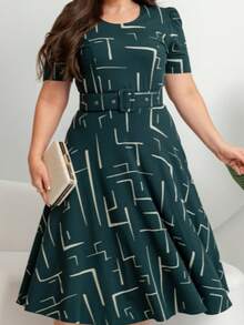 GODÊ MIDI DRESS WITH SHORT SLEEVE BELT AND GEOMETRIC PRINT - 綠色 - 查看 7