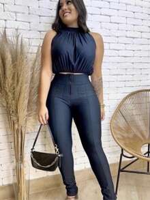 Women's Slimming Leggings In Supplex , Skinny Leggings, Plus Sizes G1 G2 G3, Zipper And Button - 黑色 - 查看 5