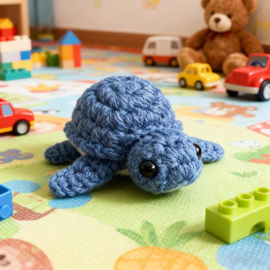 Figura de tortuga pequeña tejida a mano, peluche de hilo suave, decoración de escritorio. - Azul - Ver 1