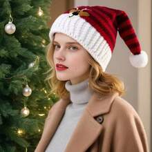 Adult Size Santa Claus Hat - Red Striped Reindeer Pattern, Soft Polyester Holiday Party Hat With Fluffy Pom Pom, Hand Wash Only, Unisex Christmas Headwear, Christmas Accessory, New Year