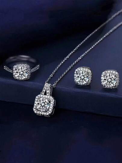 4pcs/set Luxury Square Shape Rhinestone Inlaid Necklace, Earrings, Ring Set, Suitable For Party & Formal Dress Accessory