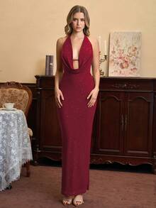 PARTHEA Backless Deep V-Neck Sequin Mesh Bodycon Long Dress - Burgundy - View 5