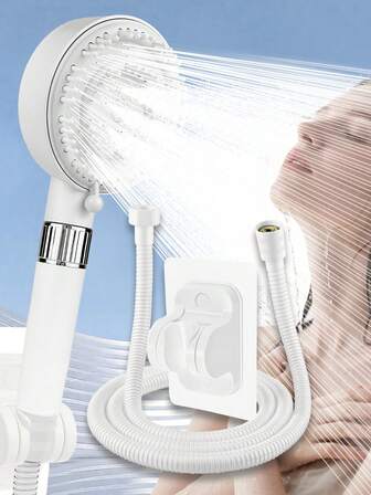 （三件套）高压花洒头、四档喷水模式增压花洒头、大流量按摩花洒头、手持花洒、59英寸花洒软管、白色花洒头，适合添加沐浴露
