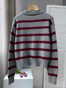 Maglione a maniche lunghe con colletto polo a righe e contrasto di colori, stile vintage, nuovo per primavera e autunno. Pullover ampio con mezza patta, stile vintage, nuovo per l'anno nuovo