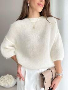 Old Money Style ,Retro, Dignified, Simple And Elegant All-White Crewneck 7-Quarter Sleeve Mohair Sweater For Women's Outerwear In Autumn - Beige - View 4