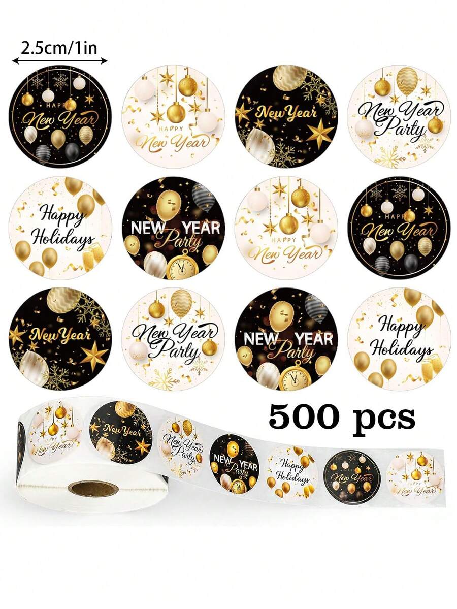 500pcs/Roll Happy New Year Balloon Doodle Stickers, 1 Inch Round 6 Patterns, New Year Holiday Party Decor, Gift Wrapping DIY, Suitable For Small Business Owners, Small Gifts, Office Supplies, Phone Cases, Tumblers, Scrapbooking, PVC Waterproof Stickers - Multicolor - View 1